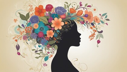 An artistic representation of a womans silhouette with vibrant floral and botanical abstract elements symbolizing thoughts and mental wellbeing inside her head, against a neutral background