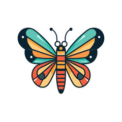Colorful butterfly illustration featuring vibrant wings, isolated white background, whimsical nature art. Multicolored insect drawing, decorative springtime creature, graphic design element. Bright