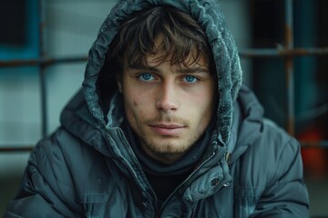 Close-up of a young man with deep blue eyes wearing a winter jacket, giving a thoughtful look