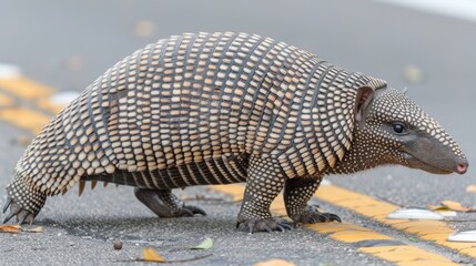   A tight shot of a small armadillo on a road, with a yellow centerline dividing it