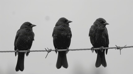Fototapeta premium Three black birds perch on a wire against a backdrop of barbed wire in the foreground and a gray, moody sky overhead