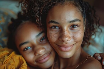 A close-up, high-quality image capturing the genuine happiness and closeness of two sisters with freckles