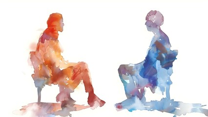Two individuals engaging in a watercolor therapy session conversation about mental health. Concept Art Therapy, Mental Health, Watercolor Painting, Therapy Session, Conversations
