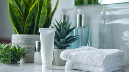 A compact and portable toothpaste tube placed on a bright bathroom counter with fresh white towels and green plants for a refreshing morning routine