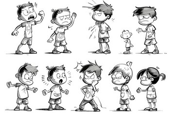A group of cartoon children displaying various emotions. Suitable for educational materials