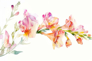 Freesia in watercolor, fragrance visualized, delicate, white background 