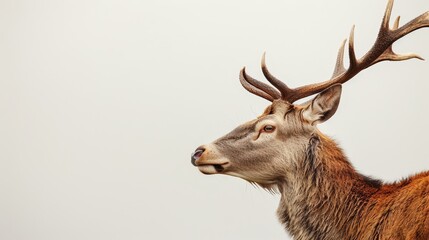   Close-up of a deer's head with oversized antlers, set against a pristine white backdrop