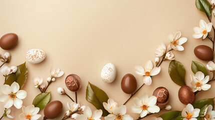 Beautiful Easter greeting card with flowers and chocolates