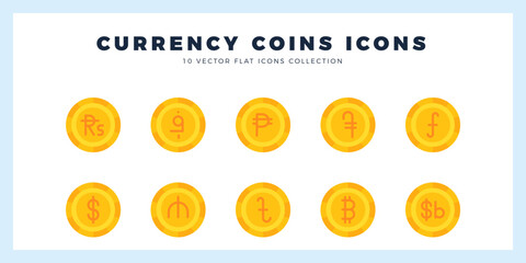 10 Currency Coins Flat icon pack. vector illustration. - obrazy, fototapety, plakaty