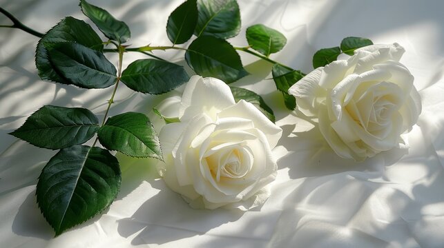   A close-up of three white roses on a white background Green leaves grace their stems, ending in a single white rose tip at each end
