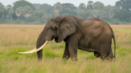   An elephant, featuring long tusks, stands amidst a field of tall grasses and trees in the background