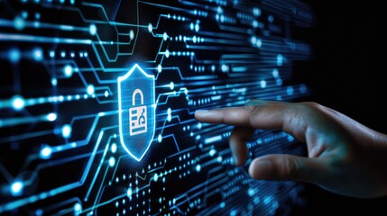 Hand touching digital shield with binary code and dark blue background, Cyber security concept.