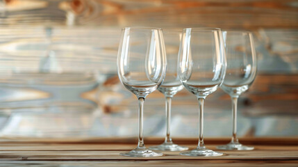 Beautiful empty glasses on light wooden background