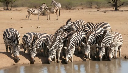 A Herd Of Zebras Drinking From A Watering Hole  3