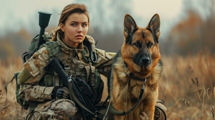 A female military serviceman in a military uniform with your german shepherd. Soldier with german shepherd dog outdoors in field. Military service concept.
