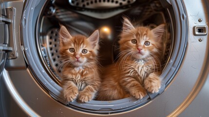 Two red kittens sitting in the tank of an open silver washing machine. Cute kittens hiding in a washing machine. Funny pet.