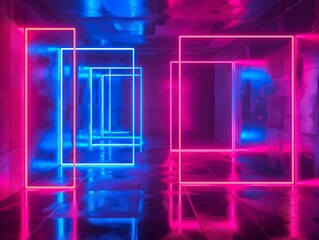 Vivid neon rectangles creating a tunnel effect in a dark, reflective space.