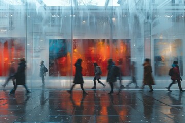 A group of pedestrians walk in front of a window showcasing a vibrant red and blue display,...