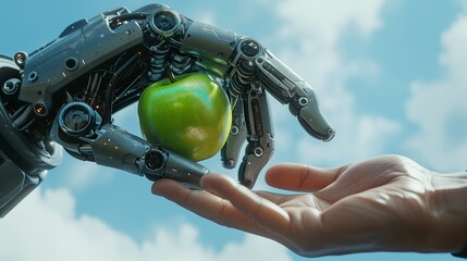Close-up of a robot hand giving a human hand a green apple. The concept of robots helping humanity. Robot hand holding fresh apple.