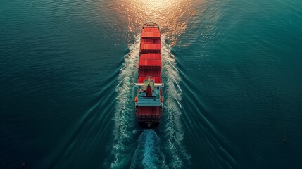 Aerial view of a cargo ship with a counter rail in the ocean, carrying a container and heading from an international cargo port. Top view. The concept of international cargo transportation.