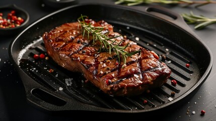 Beef steak fried on a grill pan. Steak is resting after frying. Grilled steak in frying pan on dark background with copy space. Top view.