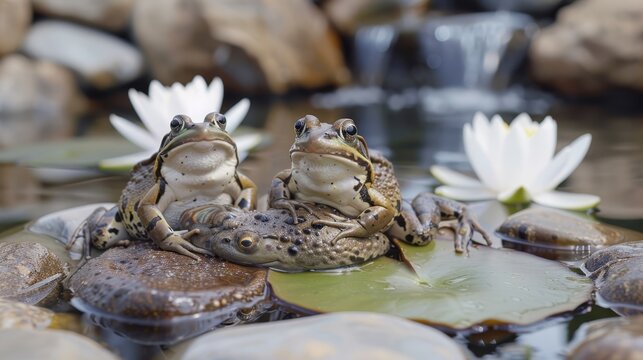   A few frogs reside on a lily pad atop a pond teeming with water lilies