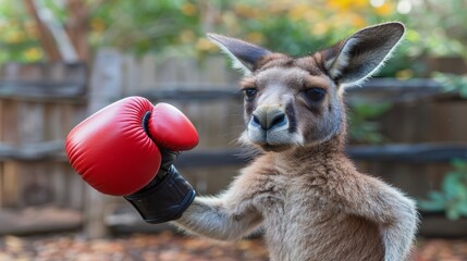 Obraz premium A tight shot of a kangaroo holding a red boxing glove, tree in background