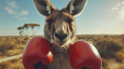 Fototapeta premium A kangaroo wearing red boxing gloves faces the camera, its expression unreadable against a backdrop of blue sky