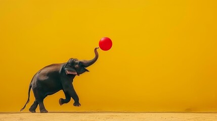   An elephant engages with a red ball in a yellow room Surrounding the scene is a yellow wall as the backdrop