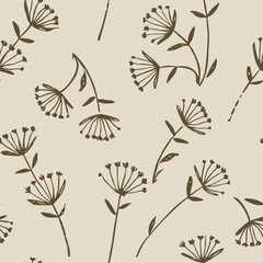 Seamless floral pattern, simple abstract flower ornament with sketch of wild plants. Delicate botanical design with drawing of small dried flowers in a rustic motif. Vector illustration in two colors.