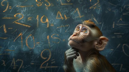   A monkey sits in front of a blackboard, numbers scribbled there A person stands beside it