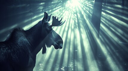   A moose, situated in a forest, bore antler beams radiating from its back