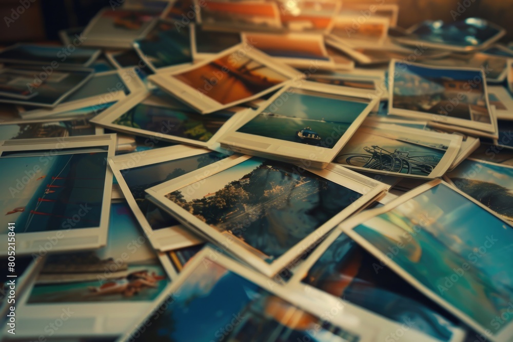 Poster a pile of polaroids on a table, suitable for various projects