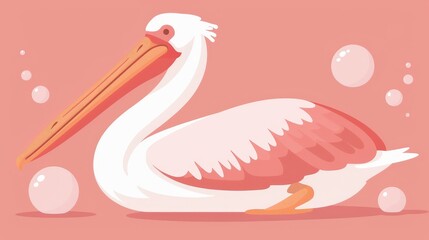   A white pelican with an orange beak atop a pink backdrop Bubbles populate both the pelican's surroundings and the water beneath