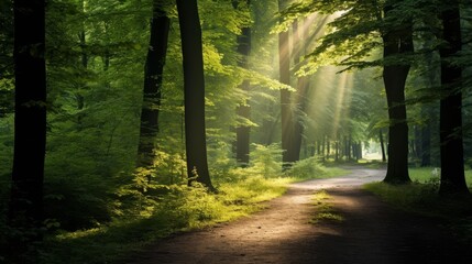 Obraz premium Magical summer scenery in a dreamy forest, with rays of sunlight beautifully illuminating the wafts of mist and painting stunning colors into the trees. High quality photo