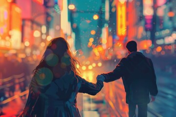 Obraz premium A man and a woman walking down a city street, suitable for urban lifestyle concepts