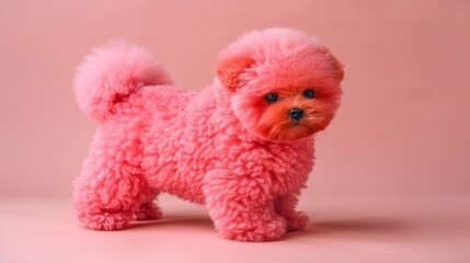   A pink toy poodle gazes seriously at the camera, standing on a uniform pink surface