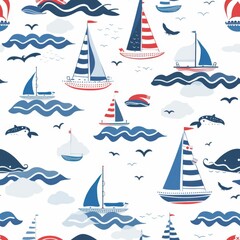 Vector seamless pattern of nautical adventures, ships, boats, ocean, waves, fish, marine life