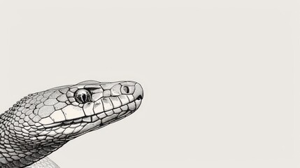   A monochrome image of a snake with its head askew, positioned beside a pristine white backdrop