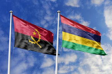 3d illustration. Angola and Mauritius Flag waving in sky. High detailed waving flag. 3D render. Waving in sky. Flags fluttered in the cloudy sky.