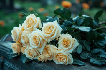 Obraz premium Dew-kissed cream roses with green foliage on a cool morning, evoking purity and the freshness of a new day
