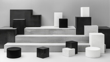   A collection of black and white vases atop cement steps, aligned side by side