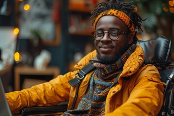 Obraz premium A stylish man in vibrant winter attire works on a laptop, showcasing modern work culture and individuality