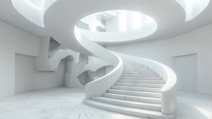   A white room houses a spiraled staircase, its steps and banisters pristine against pristine walls...