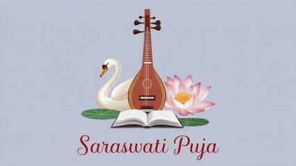 Saraswati Puja, illustration of Goddess of Wisdom Saraswati for Vasant Panchami. Generative Ai.