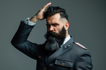 Obraz premium A man with a long beard wearing a military uniform. Suitable for military or historical themed projects