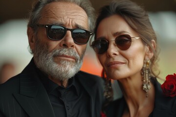 Obraz premium An older man and woman showcase fashionable eyewear and a red rose, emphasizing their timeless style and partnership