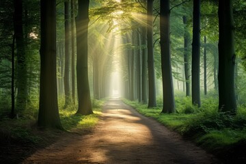 Magical summer scenery in a dreamy forest, with rays of sunlight beautifully illuminating the wafts of mist and painting stunning colors into the trees. High quality photo