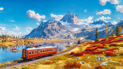 Iconic red Swiss train traveling through a snowy alpine landscape, showcasing the majestic beauty of the Swiss Alps