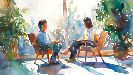 Watercolor painting of two people in therapy session discussing mental health. Concept Art, Therapy, Mental Health, Watercolor Painting